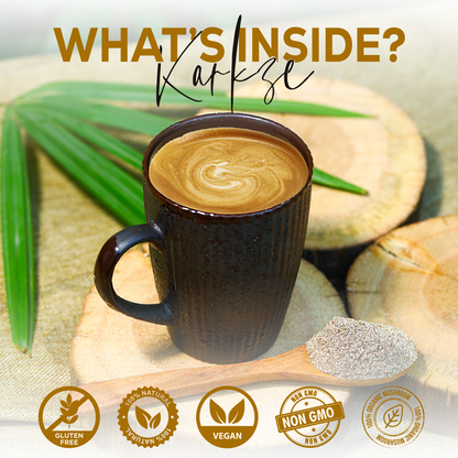 Karkze mushroom coffee cup with creamy froth surrounded by natural ingredients and icons showing gluten-free, vegan, non-GMO, and all-natural benefits.